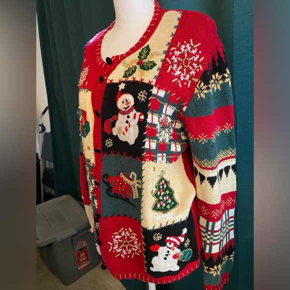 Vintage Christmas Patchwork Cardigan Heirloom Collectibles Ugly Sweater Sz S - Picture 11 of 12